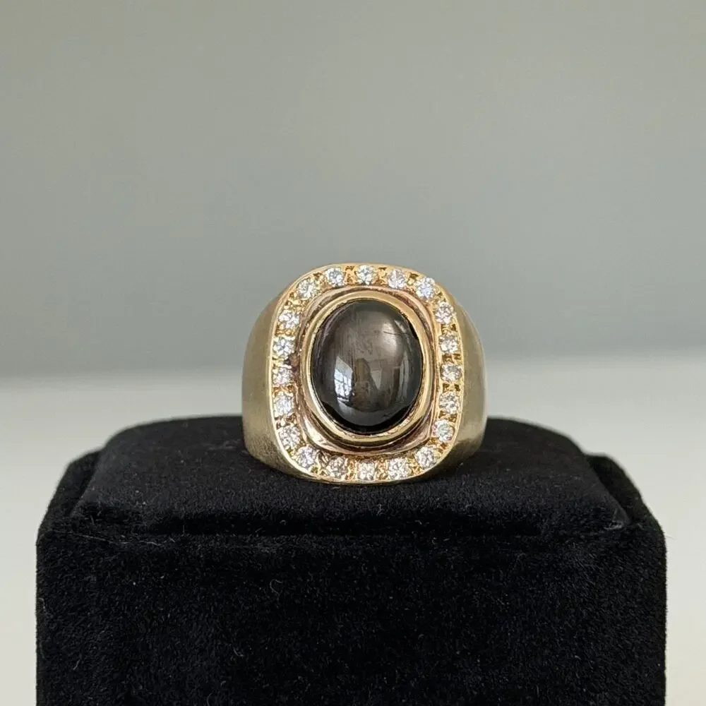 Vintage 14K Yellow Gold West Germany Smoky Cabochon Diamond Chunky Ring Sz 7.25